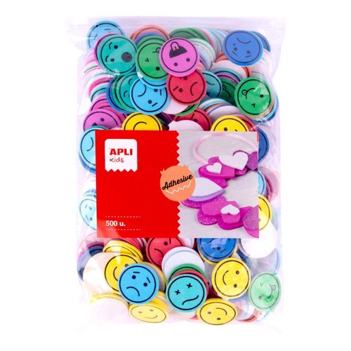 APLI pnovka kulat - smajlci, Jumbo pack, 500 ks, samolepic, mix barev
