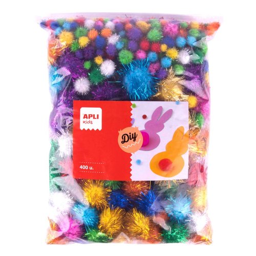 APLI POM - POMS kuliky se tpytkami, Jumbo pack, 400 ks, mix velikost a barev